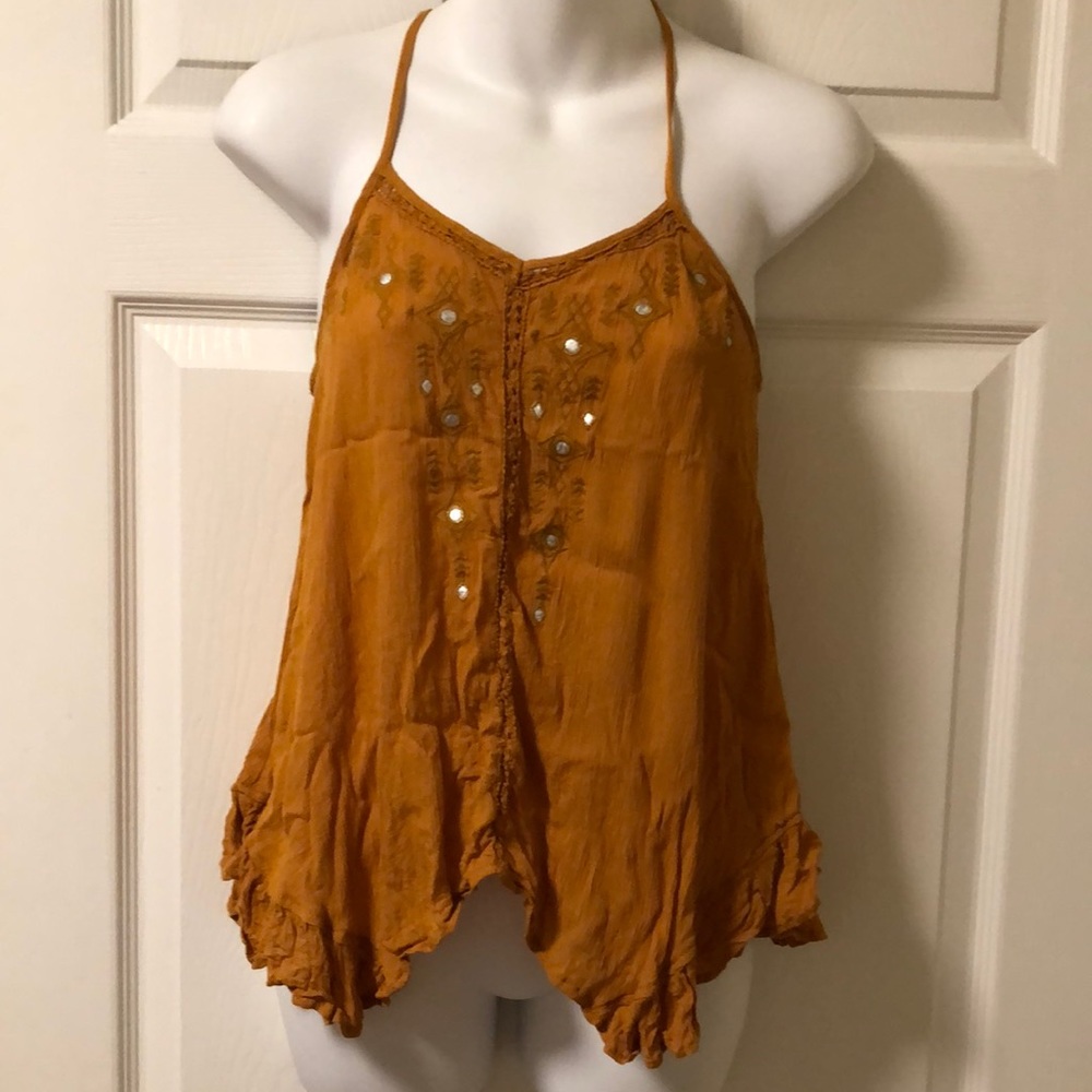 Lace and Embroidered Mustard Yellow/Orange Spaghetti Strap Tank Top Size Small